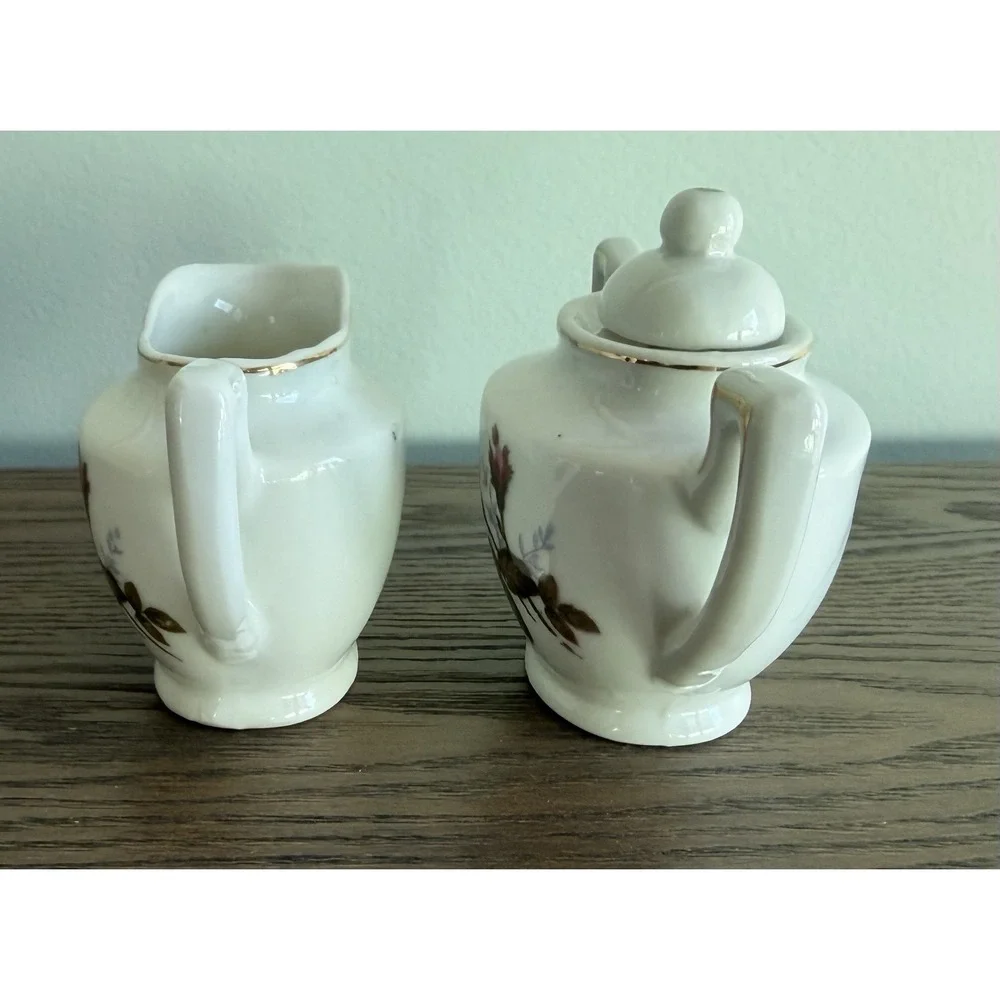 Vintage Japan‎ Floral Sugar Bowl Creamer Set Gold Trim Pink Roses Cottage